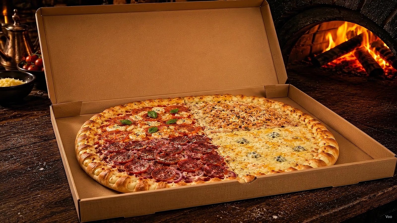 Pizza redonda de quatro sabores dentro da caixa